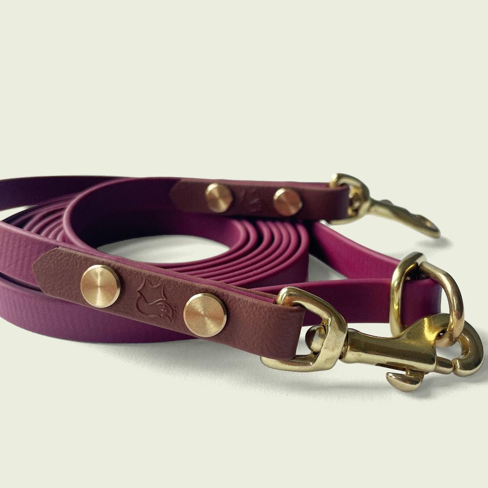 Burgundy Wine 1/2 inch Jindo Hands Free Leash with medium brown accent biothane and gold hardware