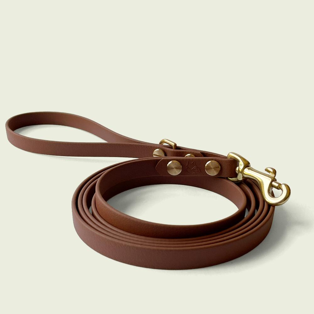 Elegant medium brown dog leash, 1/2 inch wide, with gold hardware and sturdy construction, perfect for stylish and durable walks.