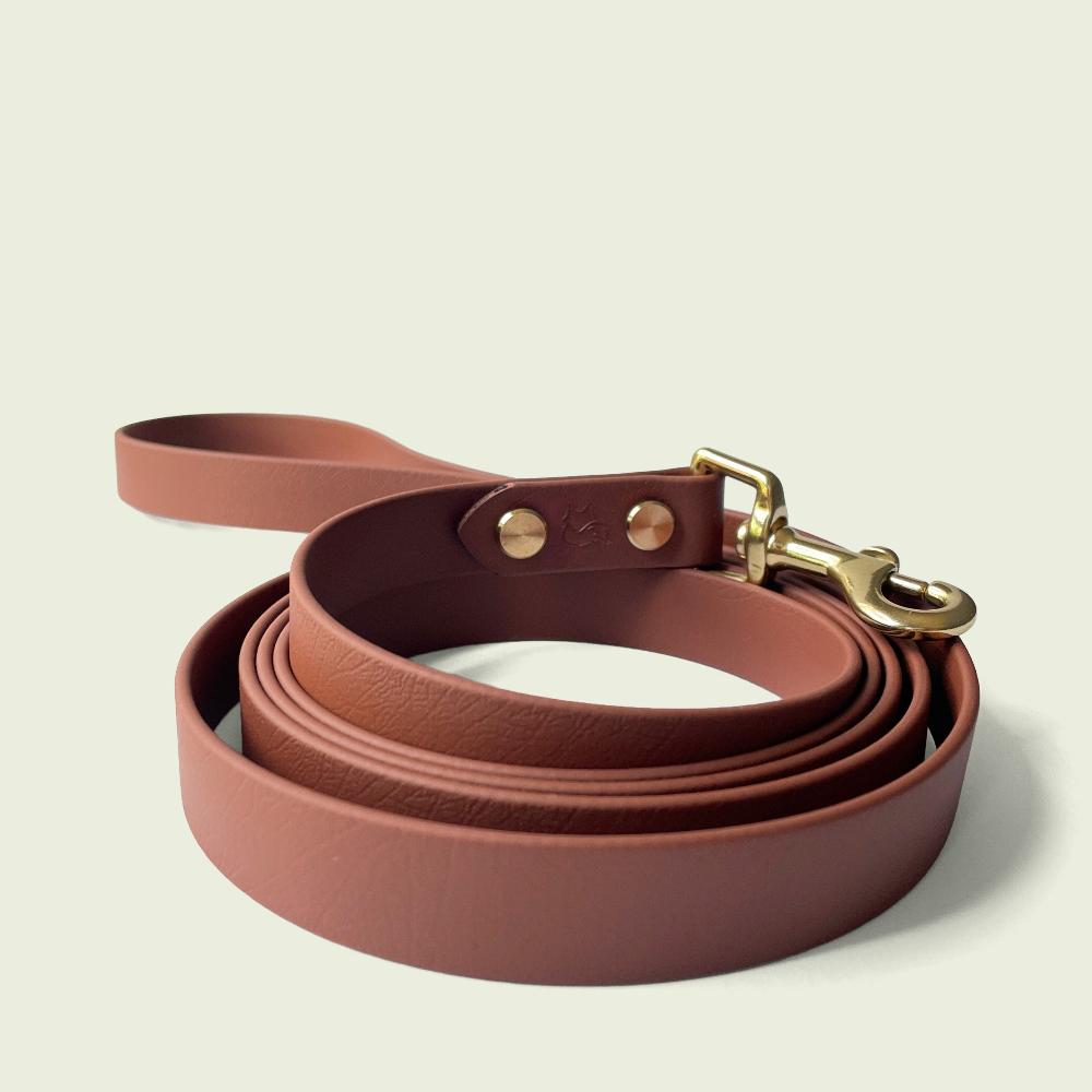 Elegant medium brown dog leash, 3/4 inch wide, with gold hardware and sturdy construction, perfect for stylish and durable walks.