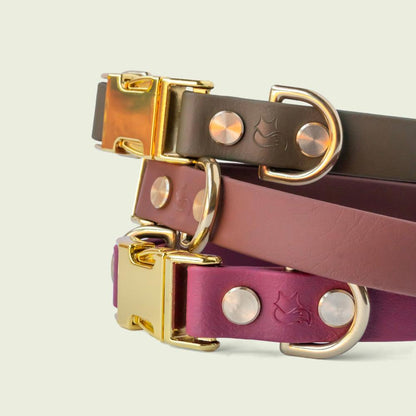 Stack of luxurious dog collars in burgundy, medium brown, and olive green, 3/4 inch wide, with gold hardware, showcasing premium style and durability.