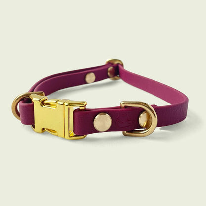 Luxurious burgundy dog collar, 1/2 inch wide, with gold hardware, featuring durable construction and stylish design, perfect for fashionable pets