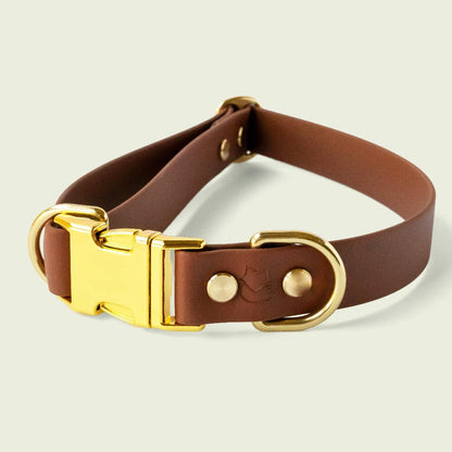 Luxurious medium brown dog collar, 1 inch wide, with gold hardware, featuring durable construction and stylish design, perfect for fashionable pets