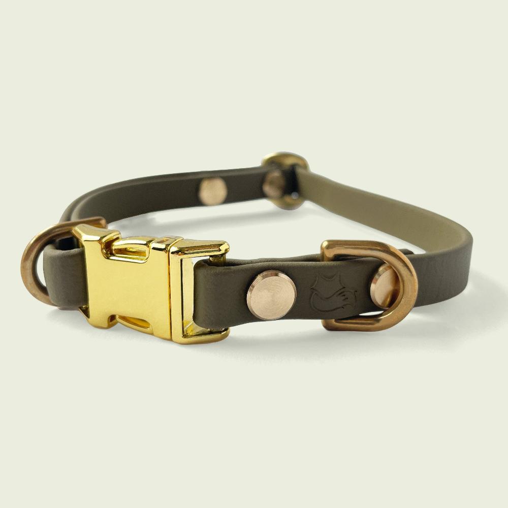 Luxurious olive green dog collar, 1/2 inch wide, with gold hardware, featuring durable construction and stylish design, perfect for fashionable pets