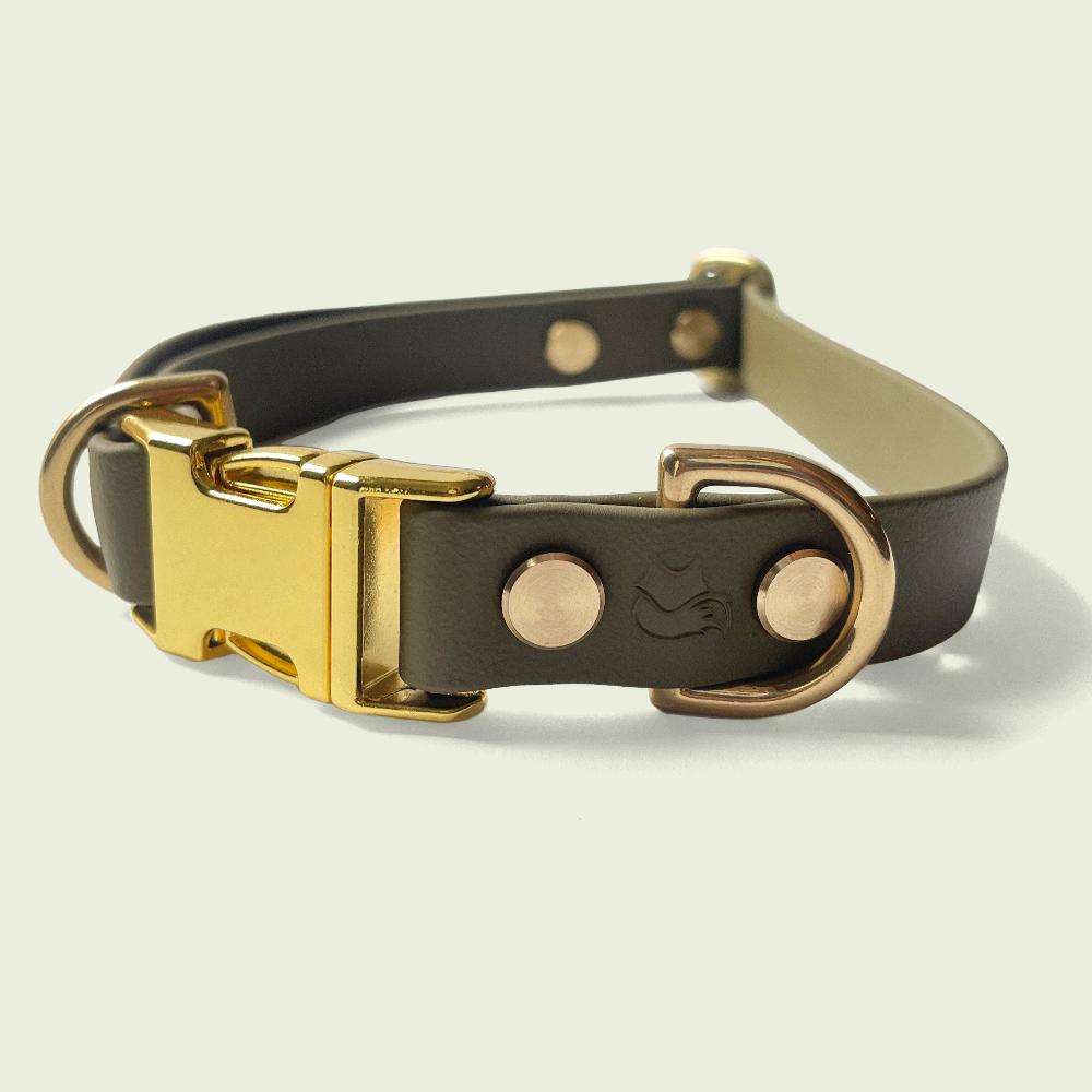 Luxurious olive green dog collar, 3/4 inch wide, with gold hardware, featuring durable construction and stylish design, perfect for fashionable pets